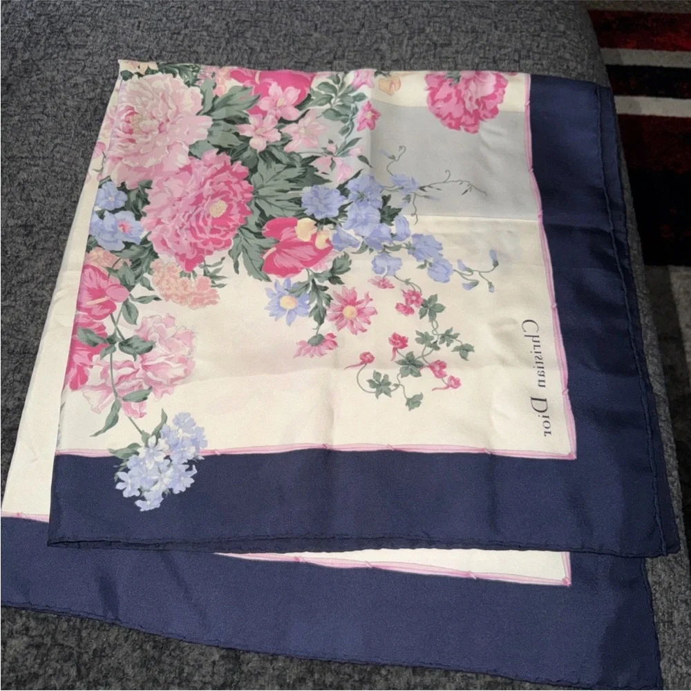 DIOR Vintage Floral Silk Scarf. white silk with a floral print